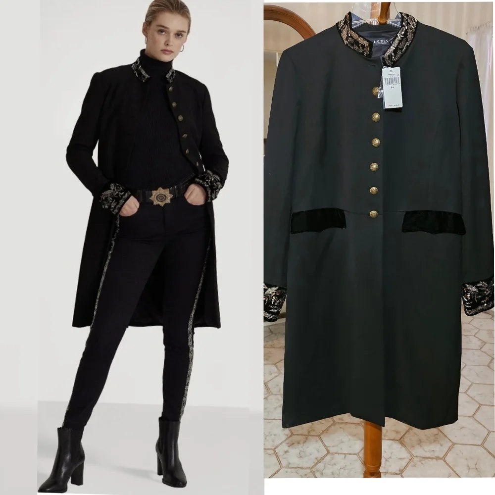 Ralph Lauren Embroidered Velvet & Sequins Trim Tricotine Coat - Picture 1 of 8